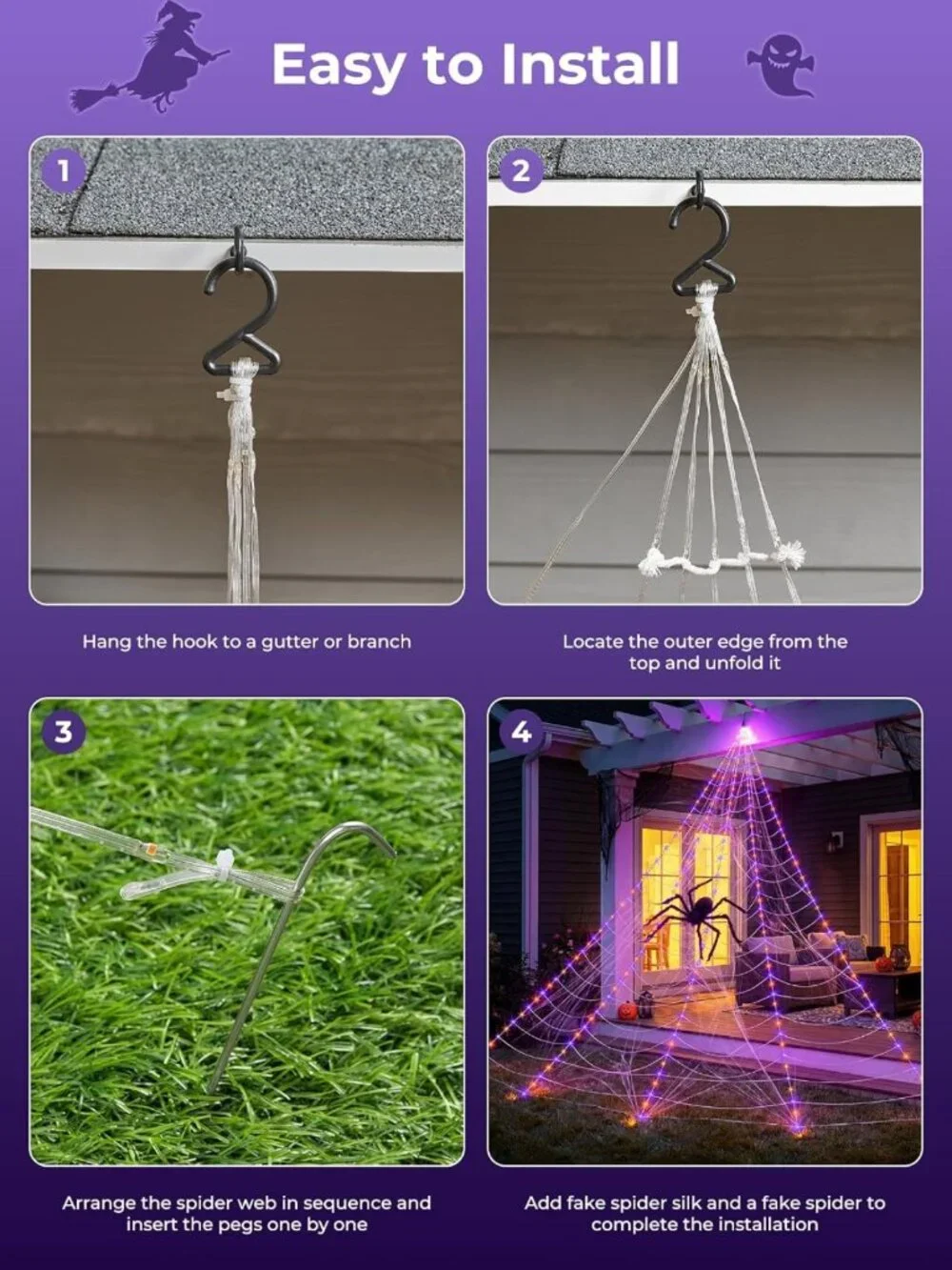 Giant Spider Web Lights for Halloween Decorations - 255 LED Outdoor Display